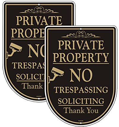 Andchi Schilder Private Property, englische Aufschrift No Trespassing, englische Aufschrift No Soliciting, persönlich, goldfarben und schwarz, Sicherheits-Aluminium-Metall-Warnschilder,
