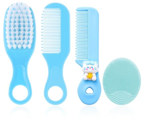 Set di 4 spazzole per capelli per bambini, spazzola per massaggio, set di pettini, spazzola per la cura del silicone, pettine per bambini, spazzola per capelli morbidi per bambini e neonati (blu)
