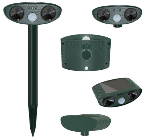 PIR Ultrasonic Pest Repeller, Waterproof Solar Animal Repellent with PIR Motion Detector, Dual Speaker Waterproof Pest Control for Rat, Fox, Cat, Squirrel, Mole, Dog, Birds (Dual Speaker)