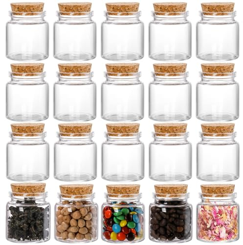Dicunoy 20 PCS Glass Favor Jars with Cork Lid, 50ml Mini Clear Round Vials Bottles, Small Cute Spice Containers for Herb Storage, Glass Jars for Potion, Tea, Candy, Wedding & Party Favors, DIY Crafts