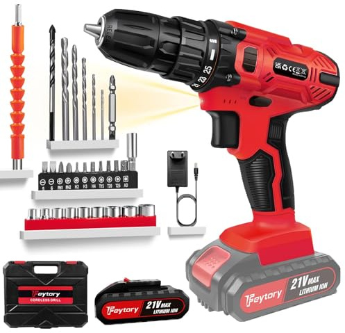 Perceuse Visseuse Sans Fil 21V, Visseuse Devisseuse Sans Fil avec Batterie, 45Nm Perceuse Électrique, 25+1 Réglages de Couple, 2 Vitesses, LED, 29 Accessoires et Valise, pour la Bricolage
