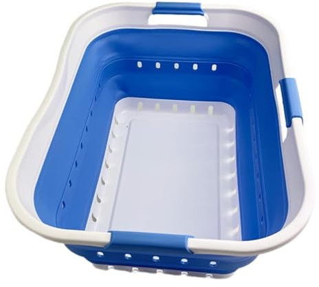 SAMMART 42L Faltbarer Wäschekorb aus Kunststoff – Faltbarer Pop-Up-Aufbewahrungsbehälter/Organizer – tragbarer Wäschekorb – platzsparender (1, Weiß/Little Boy Blue)