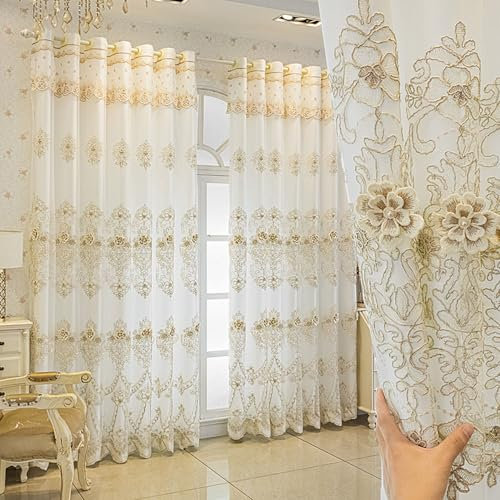 Amidoudou 1 Paar Vorhänge im europäischen Stil, doppellagig, mit Volants für Wohnzimmer, luxuriös, 3D-Blumenstickerei, halbverdunkelnde Vorhänge für Schlafzimmer, Weiß, 130 x 244 cm