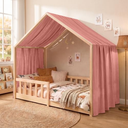 Hook Hausbett Himmel Deko Set, Betthimmel Hausbett aus Musselin - 1 Betthimmel & 1 Wimpelkette, für Jungen Mädchen Deko für Kinderzimmer, Baldachin Kinderzimmer Deko I 135 x 320cm Altrosa