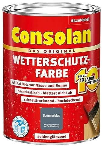 Consolan Wetterschutzfarbe, Deckender Holzschutz für Außen, Sommerblau, 750 ml
