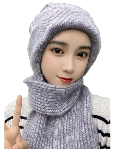 Anevous Mütze mit Schal für Damen, Winter Kapuzenschal, Integrierter Schalmütze Winddichte Ohrenschutz, Mützenschal Warm für Frauen 2 in 1 Wintermütze und Schal,Grau
