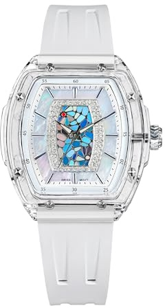 TSAR BOMBA Orologi da donna in vetro zaffiro, movimento al quarzo svizzero, con gomma fluoro, design classico tonneau, luminoso, impermeabile fino a 30 m, bellissimo regalo per le donne, bianco