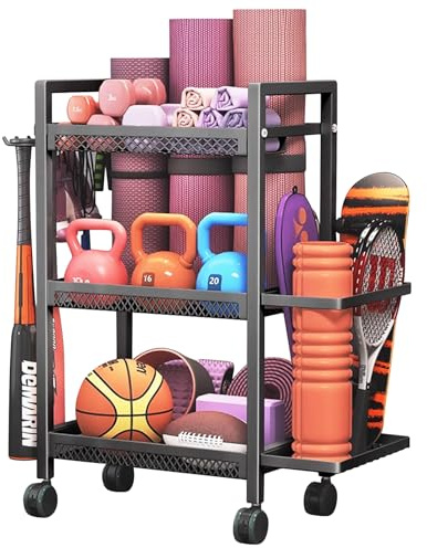 Home Dumbbell Rack with Wheels, 3 Tier Garage Ball Storage Yoga Mat Holder, Home Sports Equipment Organizer Gym Storage Rack with Hooks for Indoor/Outdoor Dumbbells Yoga Mat, Fascia Roller Black