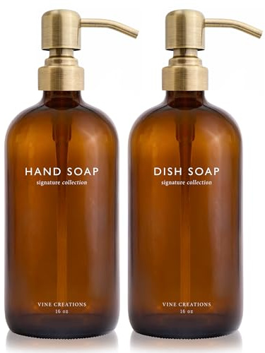 Vine Creations Amber Glass Soap Dispenser Set, Dish Soap and Hand Soap Dispenser Set with Stainless Steel Pump, 16 oz Glass Dispensers for Kitchen or Bathroom Decor (Amber Bottle/Brushed Brass Pump)