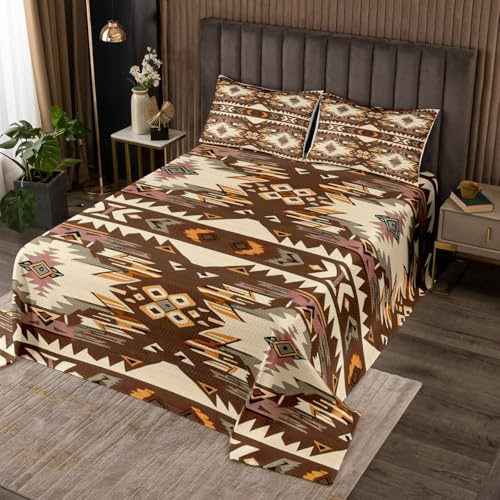 Loussiesd Braun Südwesten Tagesdecke 220x240cm Geometrische Steppdecke Tribal Native American Design Westliche Dekoration Bettüberwurf Streifen Linie Wohndecke