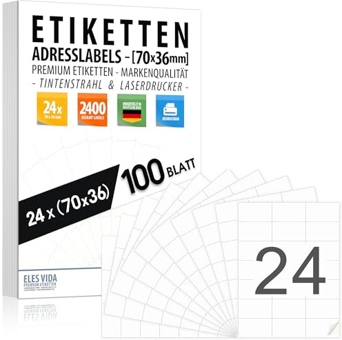 Självhäftande 70 x 36 adressklistermärken (24 per DIN A4-ark), adressetiketter tryckbara med bläckstråle- och laserskrivarklistermärken, skrivaretiketter – tillverkade i Tyskland (100 ark, 70 x 36 mm)