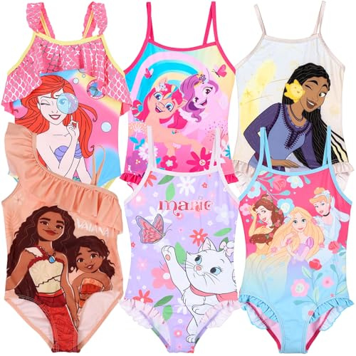 Disney Maillot de bain pour fille Ariel et Vaiana, maillot de bain une pièce pour fille Princesses 3-8 ans, maillot de bain pour la mer, la piscine, licence officielle, tissu élastique, 6 ans