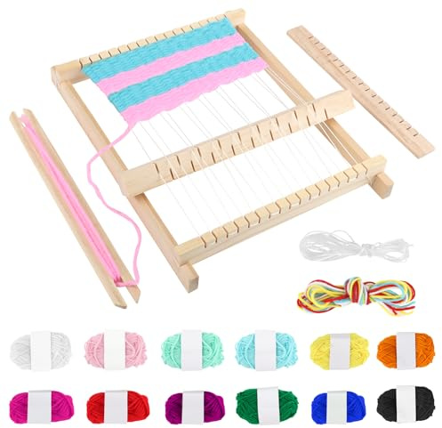 MXTIMWAN DIY Holz Kinder Webrahmen Set, Webrahmen Kinder, inkl. Wolle, Webkamm mit Zubehör, Holz Handstrickmaschine zum Stricken, Gestalten, Schulwebrahmen für Kinders 5 Jahre und Anfänger