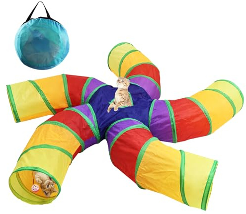 Homtone Katzentunnel 5-Wege, Katzenspielzeug Katzentunnel Faltbar, Katze Tunnel für Innen und Außenbereich, Groß Polyester Pet Play Tunnel Tube für Katze, Welpen, Kaninchen (Regenbogen)