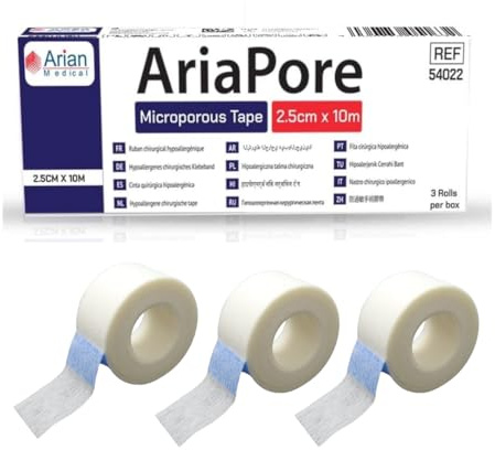 Microporous Medical Tape Waterproof, 3 Rolls 2.5cm x 10m - Hypoallergenic Surgical Tape for Wound Care, Dressings & Face, First Aid Waterproof Bandage for Sensitive Skin