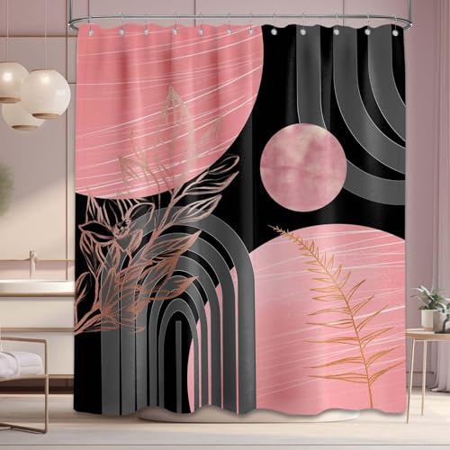 Sonbraux Black and Pink Shower Curtains for Bathroom Pink and Grey Dark Gray Boho Mid Century Modern Retro Wet Room Shower Curtain, Washable, Waterproof, Cloth Fabric, 180 x 180cm