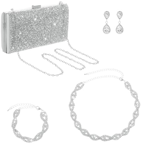 Yolev Bridal Jewellery Set with Silver Clutch Bag for Weddings Rhinestone Necklace, Bracelet, Earrings, Prom Jewelry for Brides & Bridesmaids