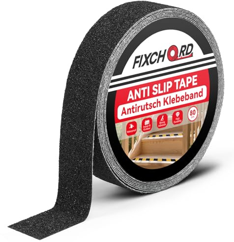 FIXCHORD Nastro di sicurezza antiscivolo, 5m*25mm nastro ad alta aderenza per interni ed esterni, strisce antiscivolo per scale e rampe, impermeabile ad alta trazione, grana 80, nero