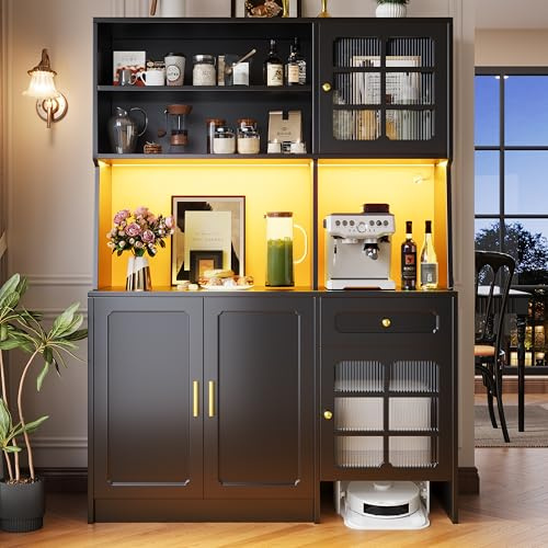 Dolamaní ní Armadio da cucina a buffet, 130 x 45 x 180 cm, con piano di lavoro e illuminazione a LED, più spazio per cucina, soggiorno, sala da pranzo (nero A)