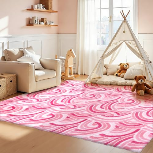 Enyhom Teppich Kinderzimmer Hochflor Flauschiger Regenbogenmuster, rutschfest Wohnzimmerteppich Waschbar Teppiche Schlafzimmer Weich Teppichen für Wohnzimmer Esszimmer (Rosa, 120 x 160 cm)