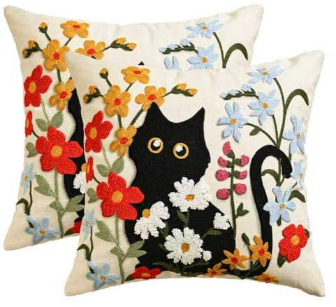 Artoid Mode Blumen Schwarz Katze Frühling Kettenstickerei Kissenbezüge 2er Set, 45x45 cm Sommer Zierkissenbezug Couch Wohnzimmer Deko