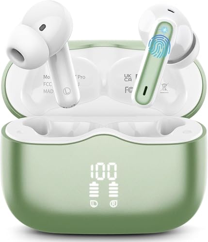 Ecouteurs Bluetooth sans Fil, Écouteurs Bluetooth 5.4 avec 40H HiFi Son Stéréo, Casque Bluetooth avec 4 Appel Réduction Antibruit Mic, IP7 Étanche, Contrôle Tactile, Oreillette pour Android iOS Verte