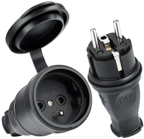 AXFEE 2Stk Eurostecker,250V 16A Gummi Schuko Stecker&Kupplung Set(Schwarz) | IP44 Gummi Stromstecker Kupplung mit Spritzwasserkappe, Schutzkontakt Stecker Außenbereich, Langlebig und Bruchfest
