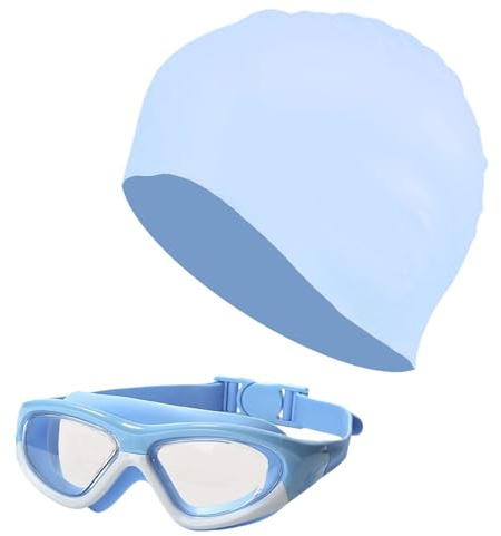 MUNSKT Swimming Goggles Équipement de Natation pour Enfants (6-16 Ans) - Lunette de Natation Antibuée UV + Bonnet de Bain, Vision Large, Anti-Fuite pour Garçons Filles (bleu-blanc)