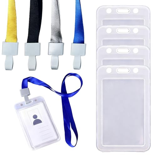 4pcs Ausweishalter mit Lanyard,Kartenhülle Transparenter Wasserdichte,Ausweishülle mit Schlüsselband,Hals Lanyard Strap(Blau,Schwarz,Grau,Gelb),für Schulen,Unternehmen,Krankenhäuser,Messen