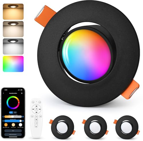 GeyouLux LED Einbaustrahler RGB Dimmbar, App & Fernbedienung, Schwarz, 4 St | 2700K-6500K, 68-80mm Lochmaß, 5W 230V, IP44 Wasserdicht, Ultra Flach, 45° Schwenkbar, für Deckenmontage,Wohnzimmer