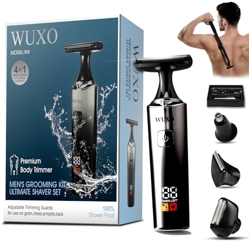 WUXO Rasoir de dos pour homme, USB-C, tondeuse électrique ultra large de 5,1 cm, écran LED, kit 4 en 1 avec long manche, verrouillage de sécurité, IPX7 humide/sec, tondeuse arrière multifonction