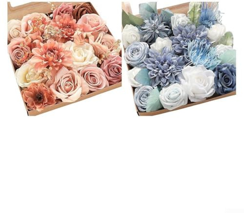 FACAIIO Fiori artificiali misti con steli, dalie viola in seta e rose per celebrazioni, decorazioni nuziali, set da 18 pezzi con steli in plastica e accessori