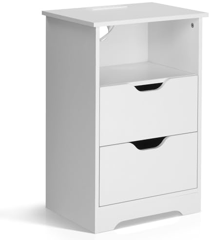 Bonnlo Bedside Table with Type-C, USB Port and 2 Sockets, Bedside Cabinet with Charging Station and 2 Drawers & Top Open Compartment, Smart Nightstand for Bedroom, Living Room, Office (1, White)