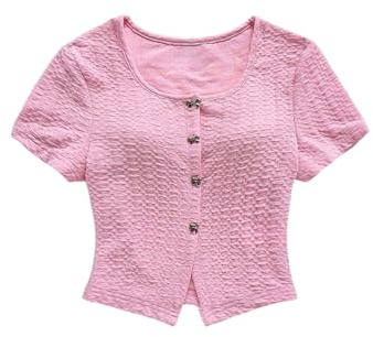 SweatyRocks Women's Knit Cardigan T-Shirt Short Sleeve Textured Button Down Top Scoop Neck Y2K Crop Tops Pink Large