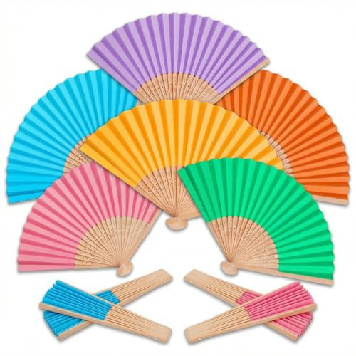 eowocdu 6 Pack Paper Fans, Bamboo Wooden Folding Hand Fan, Six Colors DIY Handheld Fan for Wedding, Preference, Performance, Dancing, Home Decoration