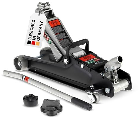 HEYNER® Kit de cric hydraulique de manœuvre 2,25 t – Extra-Plat (85–380 mm), 2 Roues pivotantes, Patins en Caoutchouc de Ø 45 mm, avec Support en Caoutchouc pour Mercedes, Facile à manœuvrer, Acier