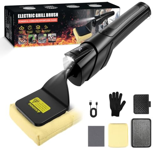 Limpiador de Barbacoa Electrica, Cepillo Eléctrico para Parrilla con Sensor de presión y luz LED, Máx 1100 RPM, 180 Min de Autonomía, 3 Cabezas, Cepillo Eléctrico Barbacoa para Todo Tipo de Parrillas