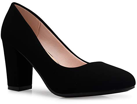 Olivia K Women's Classic Round-Toe Platform Pumps High Block Heel - Adorable, Comfortable (7.5,Black Nubuck*, Numeric_7_Point_5)