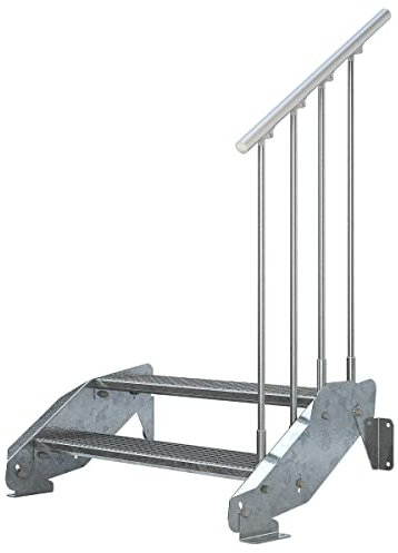 Außentreppe 2 Stufen 100 cm Laufbreite - einseitiges Geländer rechts - Anstellhöhe 29 cm bis 44 cm - Gitterroststufe ST3 - feuerverzinkte Stahltreppe 1000 mm Stufenlänge - montagefertiger Bausatz