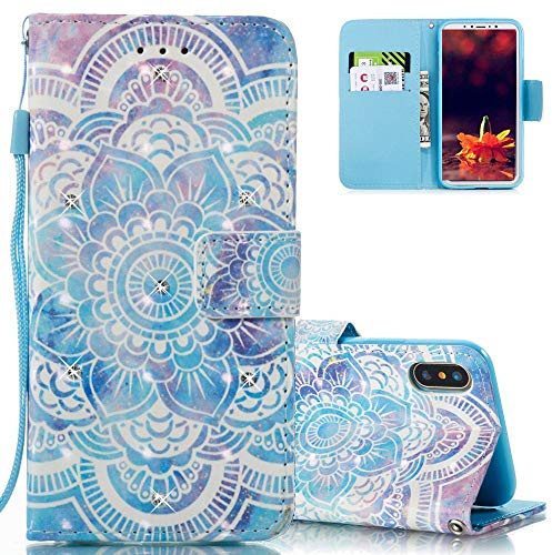 HMTECH iPhone X XS Case Glitter Diamond 3D Luxury Blue Campanula Flower PU Leather Wallet Flip Case KickStand Card Holder Bookstyle Magnetic Closure Cover for iPhone X,Diamond Blue Campanula Flower