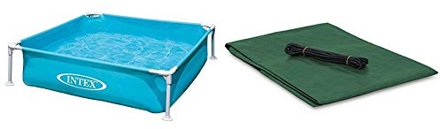 Intex Kinderpool Frame Pool Mini, Blau, 122 x 122 x 30 cm & Windhager Abdeckplane, 4m Sandkasten-Abdeckung, Sandkisten-Plane mit Metallösen und Gummikordel, Small, 180 g/m² 1,4 x 1,4 m, grün, 07046