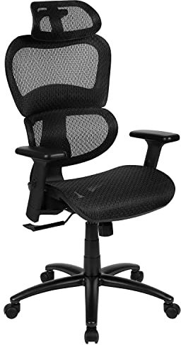 Flash Furniture LO Ergonomischer Bürostuhl aus Netzstoff mit 2-zu-1 Synchro-Neigung, Verstellbarer Kopfstütze, Lendenwirbelstütze, und verstellbaren Schwenkarmlehnen, Schwarz