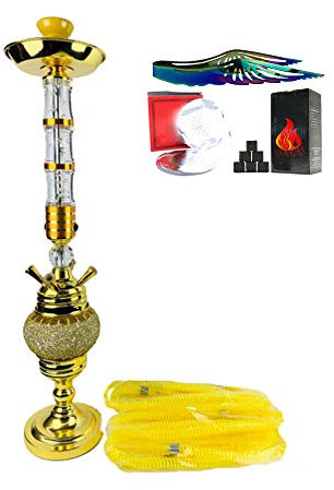 Juego Completo de Cachimba Cristal Hookah con 4 Mangueras Y 1 Tazón Kit de Inicio de Hookah Viene con Clip de Carbón Y Lámina de Aislamiento Térmico Gratis Tubo Individual,Amarillo