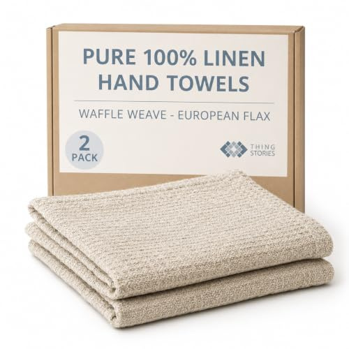 Thing Stories Pure 100% Linen Hand Towels - Set of 2 Linen Kitchen Towels Waffle Weave Natural Color - 13x29-inch Soft Lightweight Stonewashed Dish Towels - Quick-Dry Tea Towel - Kitchen Linens | European Flax, Highly Absorbent, Quick-Dry, For Sensitive Skin, Pre-Washed, Pre-Shrunk - Linen Towels for Kitchen and Bath
