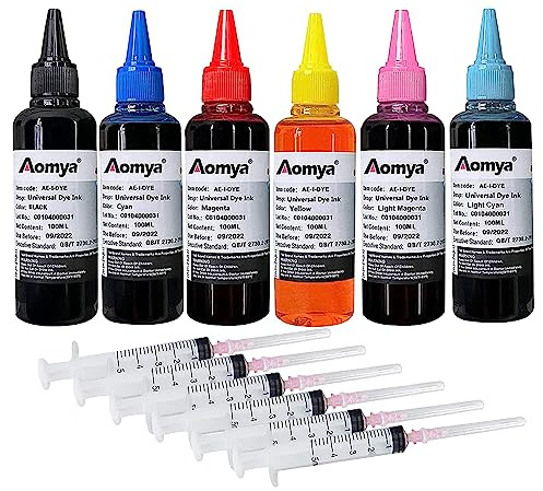 Aomya Kit de Recharge d'encre Universel 600 ML pour HP Canon Epson Brother Toutes Les imprimantes Cartouches d'encre Rechargeables CISS 6 Couleurs avec 4 seringues gratuites (BK, C, M, Y, LM, LC)
