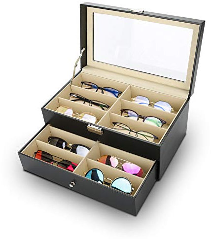 Ejoyous Brillenbox für 12 Brillen mit Transparent Glasdeckel, Brillenaufbewahrung aus PU Leder für Brillen, Sonnenbrillen und Lesebrillen, mit Schaufenster für Brillenohrringe Uhren oder Kosmetika