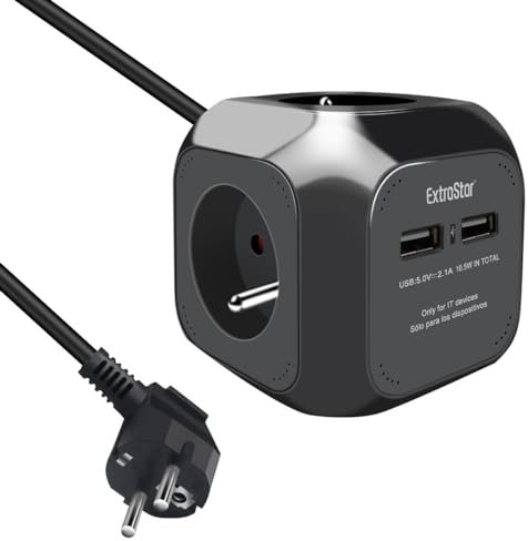 EXTRASTAR Multiprise USB Cube, Bloc Multiprises avec 4 Prises et 2 Ports USB, Chargeur USB Multiple, Multiprise Electrique pour Bureau, Maison, Peut être installé au Mur, sur la Table, 1,5 m, Noir