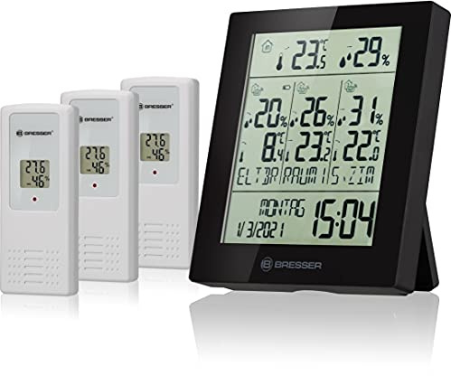 Bresser Wetterstation Funk mit Außensensor Quadro Neo mit Wettervorhersage, Luftdruckmessung, Wecker und 3 Stück Außensensoren für Temperatur und Luftfeuchtigkeit, schwarz