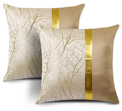 JOTOM Luxuriös Kissenbezug Edel Dekorative Gold Heißpräge Dekokissen Zierkissenbezug Weiche Sofakissen Kissenhülle für Couch Bett Sofa Stuhl Outdoor Haus Dekor 45x45cm 2er (Beige)