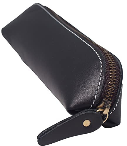 BAWAKO Federmäppchen aus hochwertigem Leder, kompaktes schönes Stift Etui handgemacht mit Reißverschluss für Shüler Student,Kosmetiktasche,Schminktasche (Schwarz, L22)